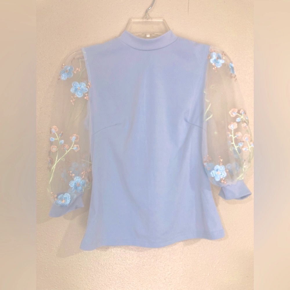 Shein light blue blouse | floral sheer mesh embroidered sleeves